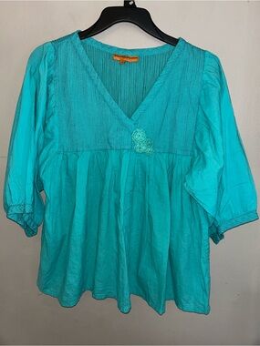 Roberta Freymann Shirt - turquoise pintucked flowy short sleeve blouse